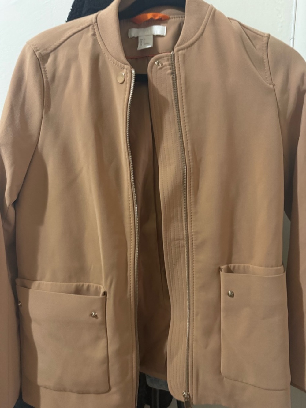 Vintage H&M Beige Bomber Jacket with Snap and Zip
